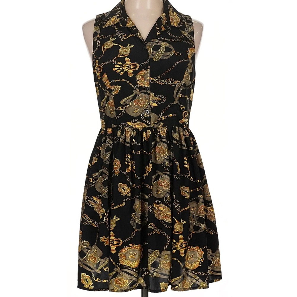 Alythea Black & Gold Chain-Print Sleeveless Collared Mini Dress